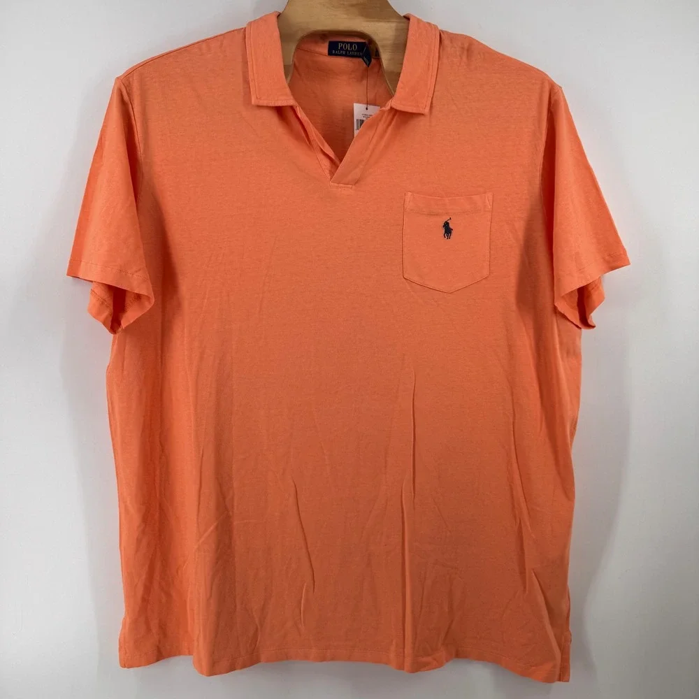 Polo Ralph Lauren Polo Shirt Men 4LT Orange Cotton Linen V-Neck Pocket 9675